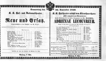 Theaterzettel (Oper und Burgtheater in Wien) 18500926 Seite: 1