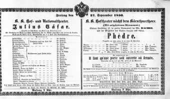 Theaterzettel (Oper und Burgtheater in Wien) 18500927 Seite: 1