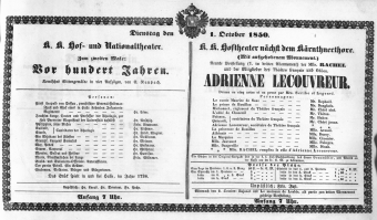 Theaterzettel (Oper und Burgtheater in Wien) 18501001 Seite: 1