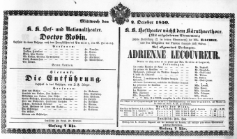 Theaterzettel (Oper und Burgtheater in Wien) 18501002 Seite: 1