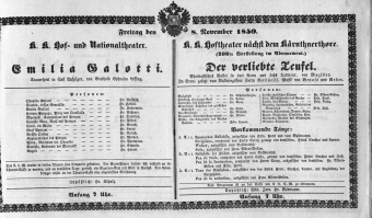 Theaterzettel (Oper und Burgtheater in Wien) 18501108 Seite: 1