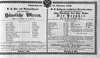 Theaterzettel (Oper und Burgtheater in Wien) 18501121 Seite: 1