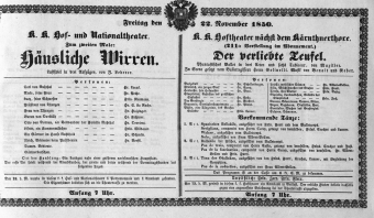 Theaterzettel (Oper und Burgtheater in Wien) 18501122 Seite: 1