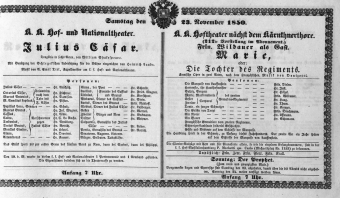 Theaterzettel (Oper und Burgtheater in Wien) 18501123 Seite: 1
