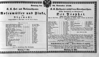 Theaterzettel (Oper und Burgtheater in Wien) 18501124 Seite: 1