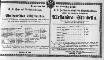Theaterzettel (Oper und Burgtheater in Wien) 18501128 Seite: 1