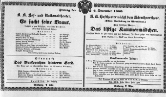 Theaterzettel (Oper und Burgtheater in Wien) 18501206 Seite: 1