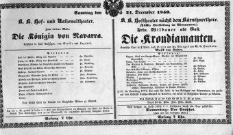 Theaterzettel (Oper und Burgtheater in Wien) 18501221 Seite: 1