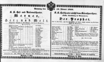 Theaterzettel (Oper und Burgtheater in Wien) 18510112 Seite: 1