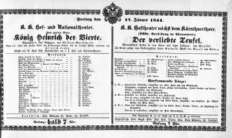 Theaterzettel (Oper und Burgtheater in Wien) 18510117 Seite: 1