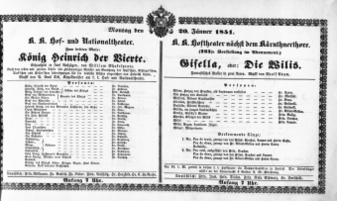 Theaterzettel (Oper und Burgtheater in Wien) 18510120 Seite: 1
