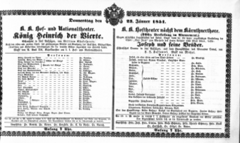 Theaterzettel (Oper und Burgtheater in Wien) 18510123 Seite: 1