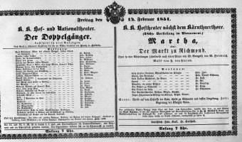 Theaterzettel (Oper und Burgtheater in Wien) 18510214 Seite: 1