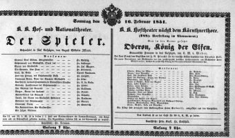Theaterzettel (Oper und Burgtheater in Wien) 18510216 Seite: 1