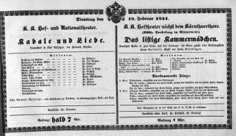 Theaterzettel (Oper und Burgtheater in Wien) 18510218 Seite: 1