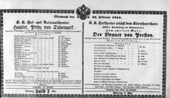 Theaterzettel (Oper und Burgtheater in Wien) 18510226 Seite: 1
