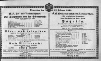 Theaterzettel (Oper und Burgtheater in Wien) 18510227 Seite: 1