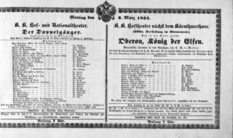 Theaterzettel (Oper und Burgtheater in Wien) 18510303 Seite: 1