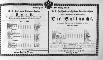 Theaterzettel (Oper und Burgtheater in Wien) 18510310 Seite: 1