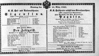 Theaterzettel (Oper und Burgtheater in Wien) 18510311 Seite: 1