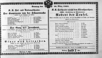 Theaterzettel (Oper und Burgtheater in Wien) 18510316 Seite: 1