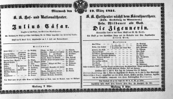 Theaterzettel (Oper und Burgtheater in Wien) 18510319 Seite: 1