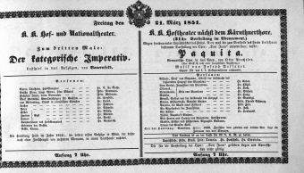 Theaterzettel (Oper und Burgtheater in Wien) 18510321 Seite: 1