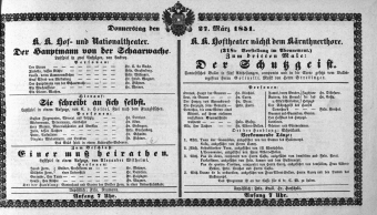 Theaterzettel (Oper und Burgtheater in Wien) 18510327 Seite: 1