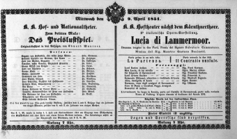 Theaterzettel (Oper und Burgtheater in Wien) 18510409 Seite: 1