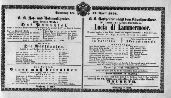 Theaterzettel (Oper und Burgtheater in Wien) 18510412 Seite: 1
