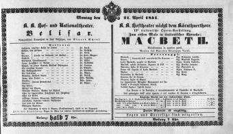 Theaterzettel (Oper und Burgtheater in Wien) 18510421 Seite: 1
