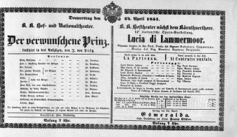 Theaterzettel (Oper und Burgtheater in Wien) 18510424 Seite: 1