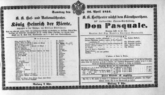 Theaterzettel (Oper und Burgtheater in Wien) 18510426 Seite: 1