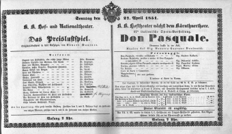 Theaterzettel (Oper und Burgtheater in Wien) 18510427 Seite: 1