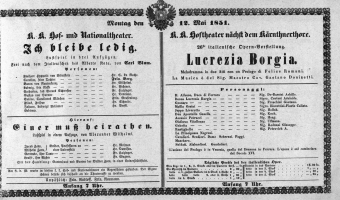 Theaterzettel (Oper und Burgtheater in Wien) 18510512 Seite: 1