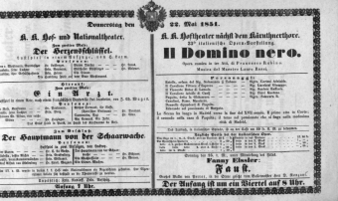 Theaterzettel (Oper und Burgtheater in Wien) 18510522 Seite: 1