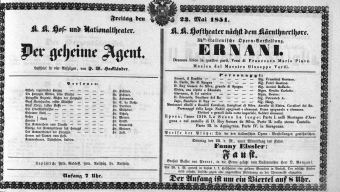 Theaterzettel (Oper und Burgtheater in Wien) 18510523 Seite: 1