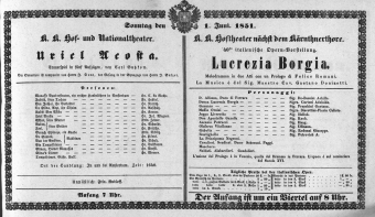 Theaterzettel (Oper und Burgtheater in Wien) 18510601 Seite: 1