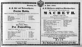 Theaterzettel (Oper und Burgtheater in Wien) 18510603 Seite: 1