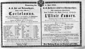 Theaterzettel (Oper und Burgtheater in Wien) 18510605 Seite: 1