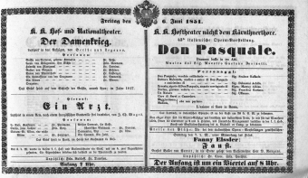 Theaterzettel (Oper und Burgtheater in Wien) 18510606 Seite: 1