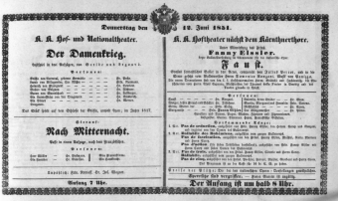 Theaterzettel (Oper und Burgtheater in Wien) 18510612 Seite: 1