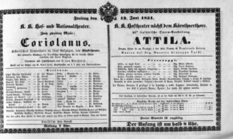 Theaterzettel (Oper und Burgtheater in Wien) 18510613 Seite: 1
