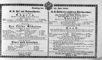 Theaterzettel (Oper und Burgtheater in Wien) 18510614 Seite: 1