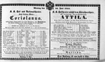 Theaterzettel (Oper und Burgtheater in Wien) 18510616 Seite: 1