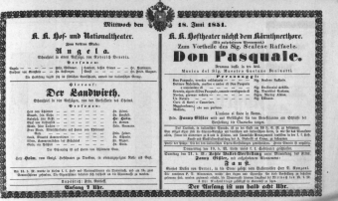 Theaterzettel (Oper und Burgtheater in Wien) 18510618 Seite: 1