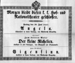 Theaterzettel (Oper und Burgtheater in Wien) 18510620 Seite: 1