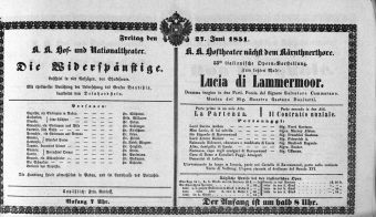 Theaterzettel (Oper und Burgtheater in Wien) 18510627 Seite: 1