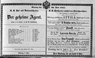 Theaterzettel (Oper und Burgtheater in Wien) 18510630 Seite: 1