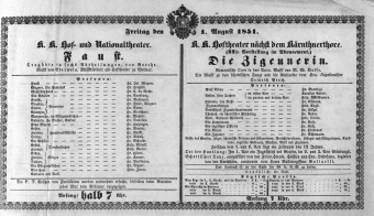 Theaterzettel (Oper und Burgtheater in Wien) 18510801 Seite: 1